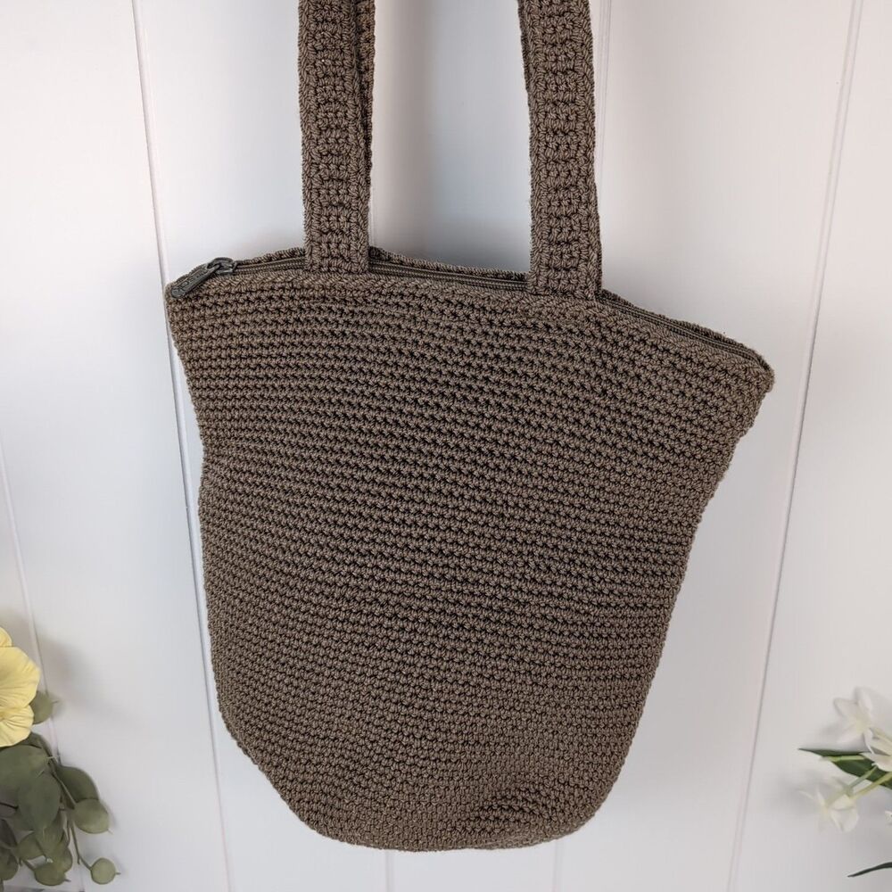 The SAK Lumi Hand Crochet Boho Shoulder Bucket Handbag Purse Tote Taupe Brown - Picture 8 of 11